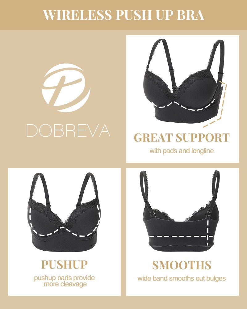 DOBREVA Women's Push Up Bra Wireless Padded No Underwire Back Smoothing Bralettes Sports Bras Beige 34DD - Image 4